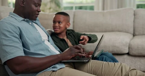 Laptop, remote work and dad with child in home, copywriting and explaining Stock Footage 341664631