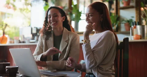 Laptop, remote work and talking with women in cafe together for meeting, Stock Footage 330996022