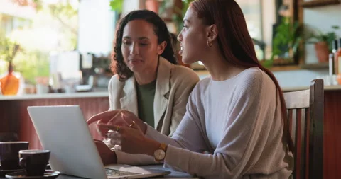 Laptop, remote work and talking with women in coffee shop together for meeting, Stock Footage 331002134