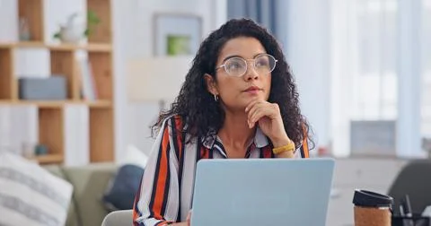 Laptop, remote work and thinking with woman in home office for planning Stock Photos