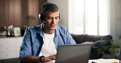 Laptop, remote work or man with headset in home, problem solving or consult.. Stock Photos