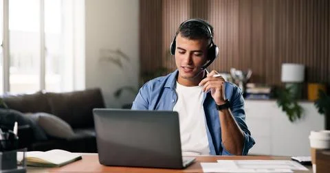 Laptop, remote work or man with headset in house, problem solving or consul.. Stock Photos