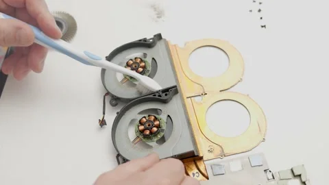 Laptop repair, computer service. Master repairing laptop cooler Stock Footage 239607888