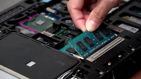 Laptop repair engineer (PC computer) and motherboard install DDR RAM memory in c 스톡 동영상 148615269