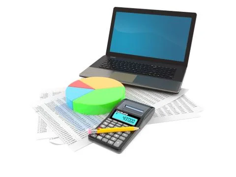Laptop with report and pie chart Stock Illustration