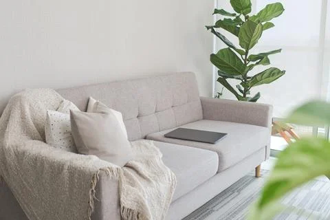 Laptop resting on stand on comfortable sofa in cozy living room for working from Stock Photos