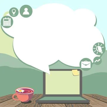 Laptop Resting On A Table Beside Coffee Mug And Plant Showing Work Process Stock Illustration