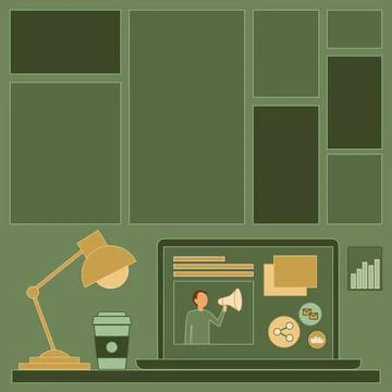 Laptop Resting On A Table Beside Coffee Mug And Desk Lamp Showing Work Process Stock Illustration