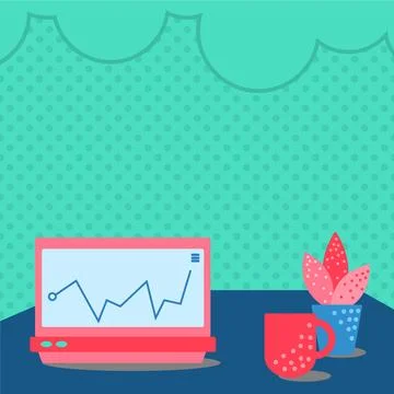 Laptop Resting On A Table Beside Coffee Mug And Plant Showing Work Process Stock Illustration