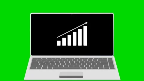 Laptop with rising bar graph and growth arrow on green screen. 4K Stock Footage 340882909