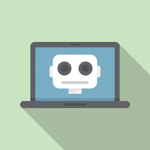 Laptop robot icon flat vector. Bot chat Stock Illustration