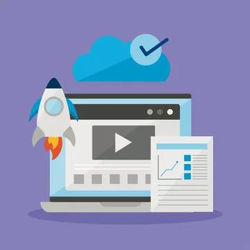 Laptop rocket document and cloud computing 스톡 일러스트