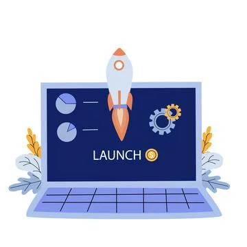Laptop with rocket icon and launch inscription. Stock Illustration