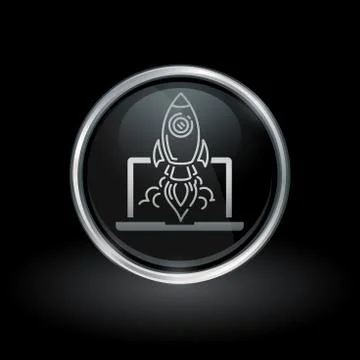 Laptop rocket launch icon inside round silver and black emblem Stock Illustration