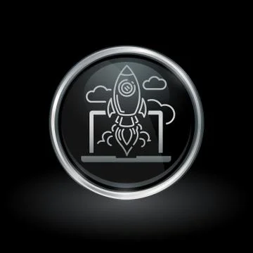 Laptop rocket launch icon inside round silver and black emblem Stock Illustration
