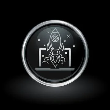 Laptop rocket launch icon inside round silver and black emblem Stock Illustration