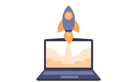 Laptop with rocket launching for a website launch Illustrazione stock