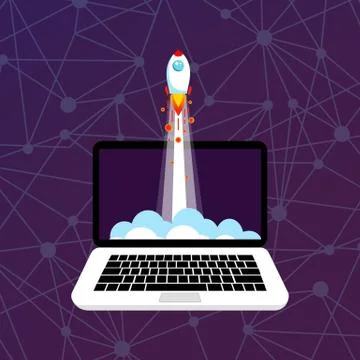 Laptop with rocket ship in a flat style. Start up concept. Development proces 库存插图