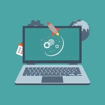 Laptop with rocket white background - vector illustration Stock Illustration