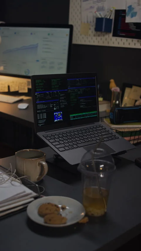 Laptop Running Programming Code on Desk in Empty Night Office Stock Footage 338418563