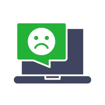 Laptop with sad face in chat bubble colored icon. Dislike, upset customer Stock Illustration