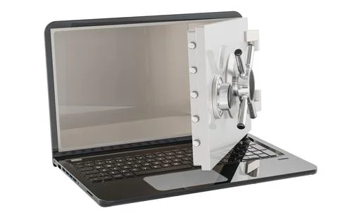 Laptop with safe box inside, digital security concept. 3d illustration Stock Illustration