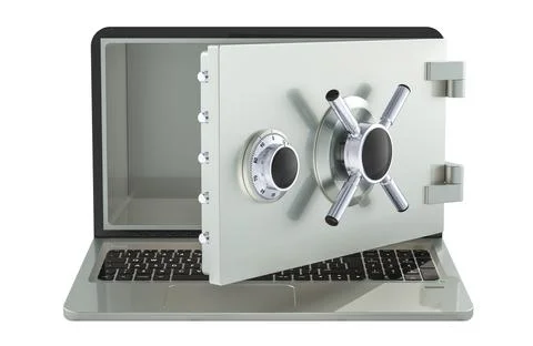 Laptop with the safe box instead of screen, digital security concept, 3d il.. Stock Illustration