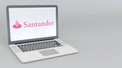 Laptop with Santander Serfin logo. Computer technology conceptual editorial 3D Stock-Illustration