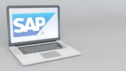 Laptop with SAP SE logo. Computer technology conceptual editorial 3D rendering Stock Illustration