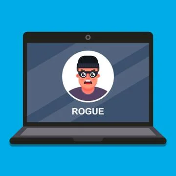 Laptop scammer. data theft. Illustrazione stock