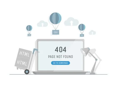 Laptop screen with 404 error page vector flat illustration. Problems with 스톡 일러스트