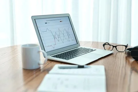 Laptop, screen and graphs for remote work from home with empty room, furnit.. Stock Photos