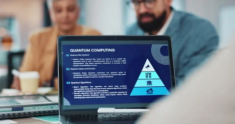 Laptop, screen and quantum computing research online with business people in Stock-Footage 283821481