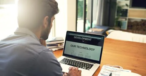 Laptop, screen and remote work by businessman with technology development Stock Photos