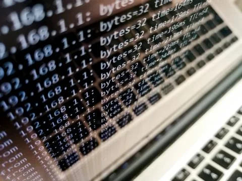 Laptop Screen with command prompt and multiple pings Stock Photos