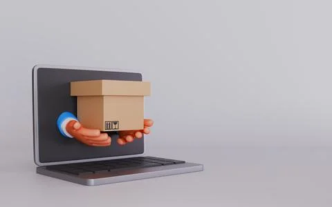 Laptop screen computer device with hand holding a cardboard box Illustrazione stock