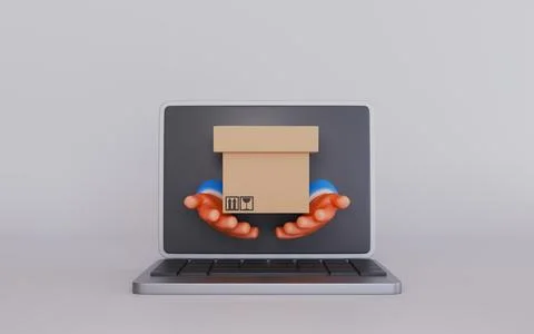 Laptop screen computer device with hand holding a cardboard box Stock Illustration