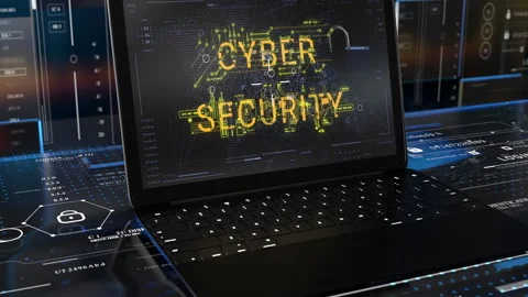Laptop screen with Cyber Security text HUD Stock Footage 290881586