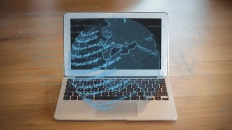 Laptop screen dark map starting 3D globe forming rotating emitting lines onto Stock Footage 334184632
