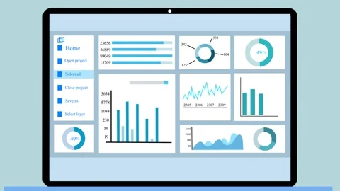 Laptop screen dashboard with multiple charts and sidebar menu animation Stock Footage 334763047