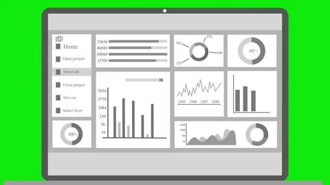 Laptop screen dashboard with multiple charts and sidebar menu animation Stock Footage 334763063