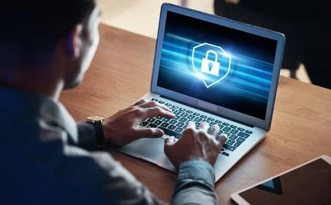 Laptop screen, data protection and man hands for cyber security, software 스톡 사진