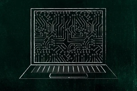 Laptop screen with digital microchip circuit pattern,  artificial intellige.. イラスト素材