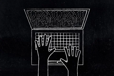 Laptop screen with digital microchip circuit pattern and hand typing on key.. 库存插图