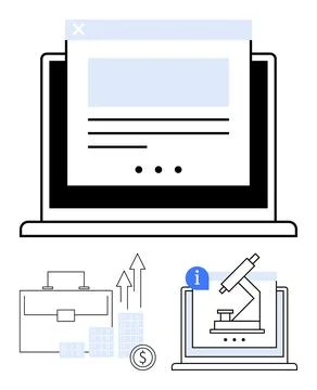 Laptop screen displaying analytical data next to icons of a microscope and fi Stock Illustration