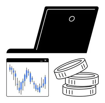 Laptop with a screen displaying a candlestick chart next to stacked coins. Id Stock Illustration