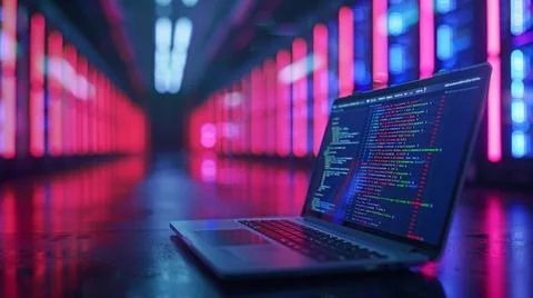 A laptop screen displaying code with cloud service APIs and a blurred background Stock Photos