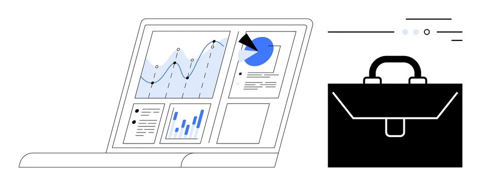 Laptop screen displaying data graphs, charts, and analytics beside a briefcas Illustrazione stock