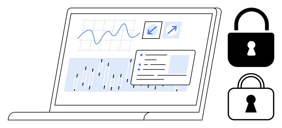 Laptop screen displaying data visualizations with charts and growth indicator Stockillustratie