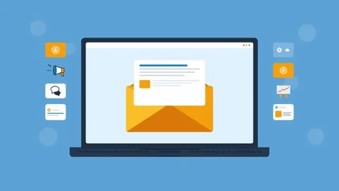 Laptop screen displaying an email marketing campaign with icons. 4K Video stock 342387577
